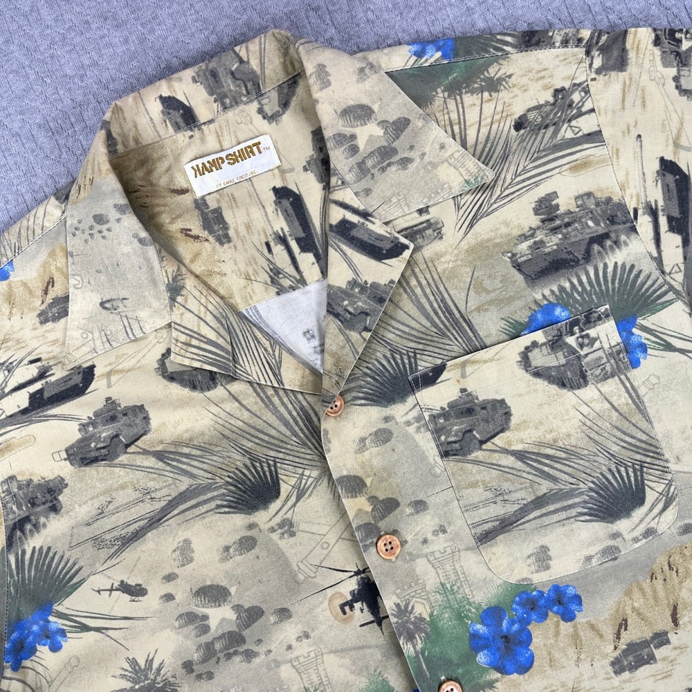 Eagle Crest Kamp Shirt Button Down Men L Army Military Tank Print Hawaiian